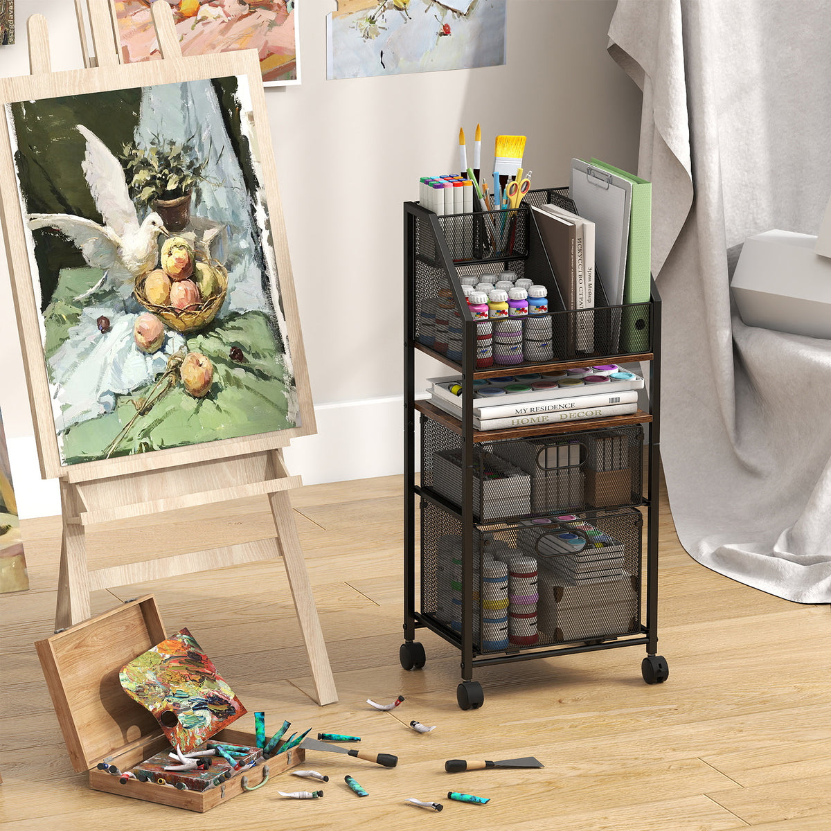 Rolling File Utility Cart with 2 Drawers and Lockable Wheels for Home Office-Rustic Brown