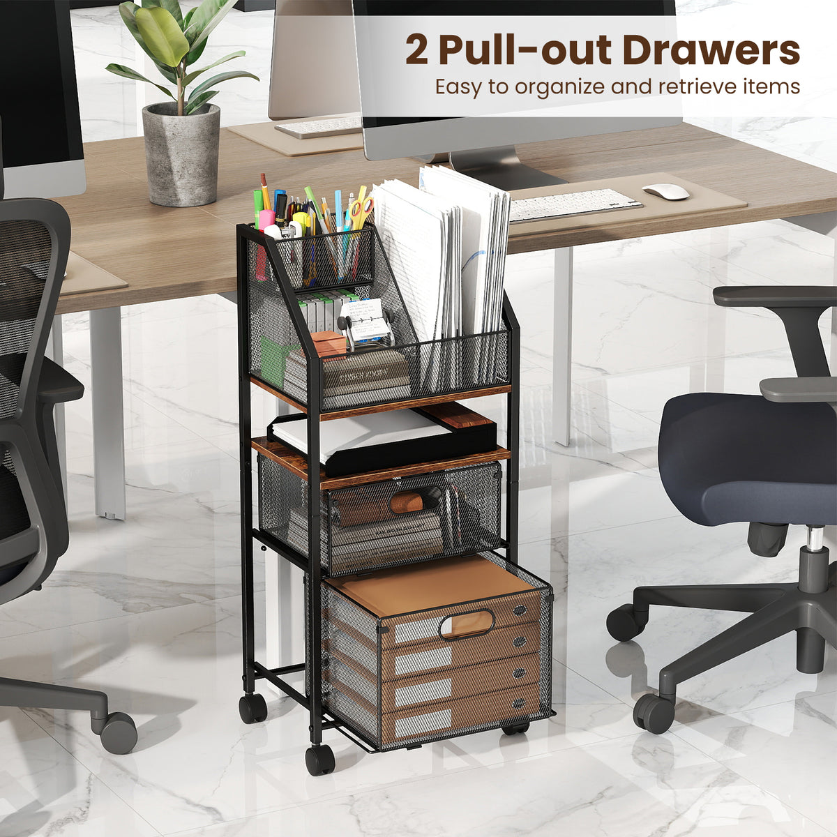 Rolling File Utility Cart with 2 Drawers and Lockable Wheels for Home Office-Rustic Brown