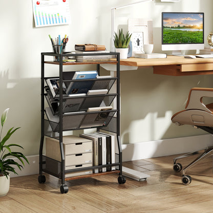 Rolling File Utility Cart with 3 Slanted Side Shelves and Lockable Wheels-Rustic Brown