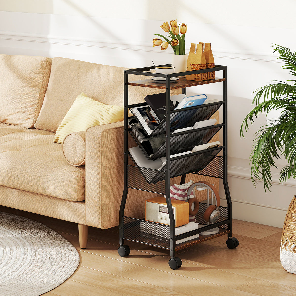 Rolling File Utility Cart with 3 Slanted Side Shelves and Lockable Wheels-Rustic Brown