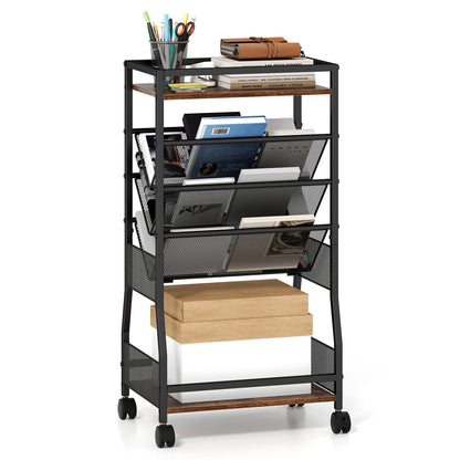 Rolling File Utility Cart with 3 Slanted Side Shelves and Lockable Wheels-Rustic Brown