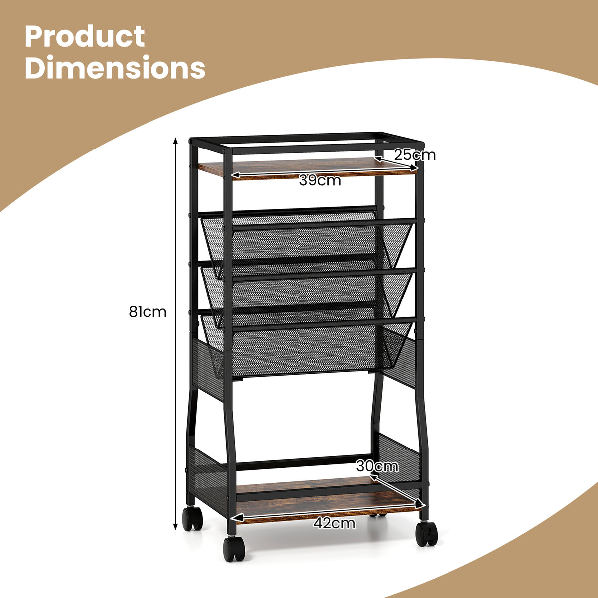 Rolling File Utility Cart with 3 Slanted Side Shelves and Lockable Wheels-Rustic Brown