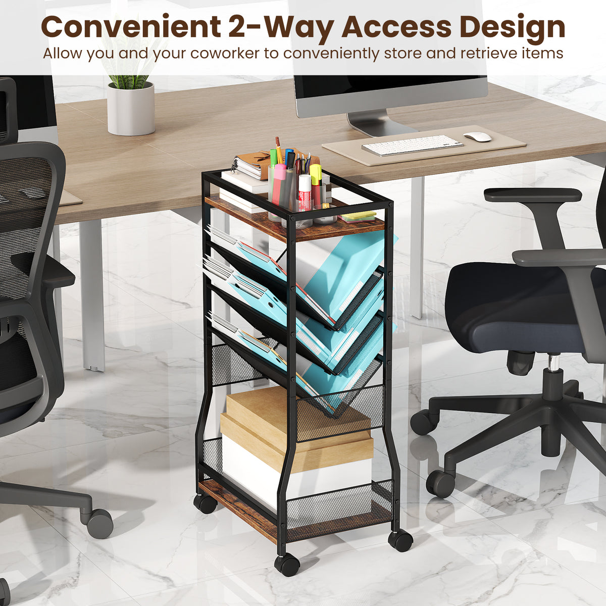 Rolling File Utility Cart with 3 Slanted Side Shelves and Lockable Wheels-Rustic Brown