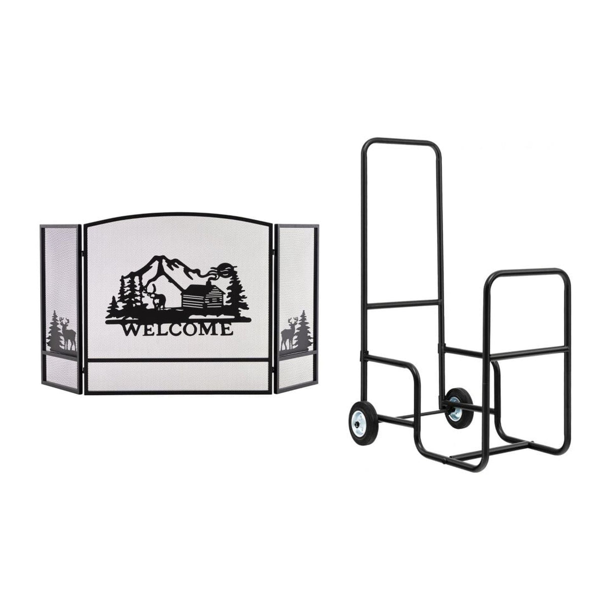 Rolling Fireplace Log Holder Carrier and 55 x 29.5 Inch Fireplace Screen