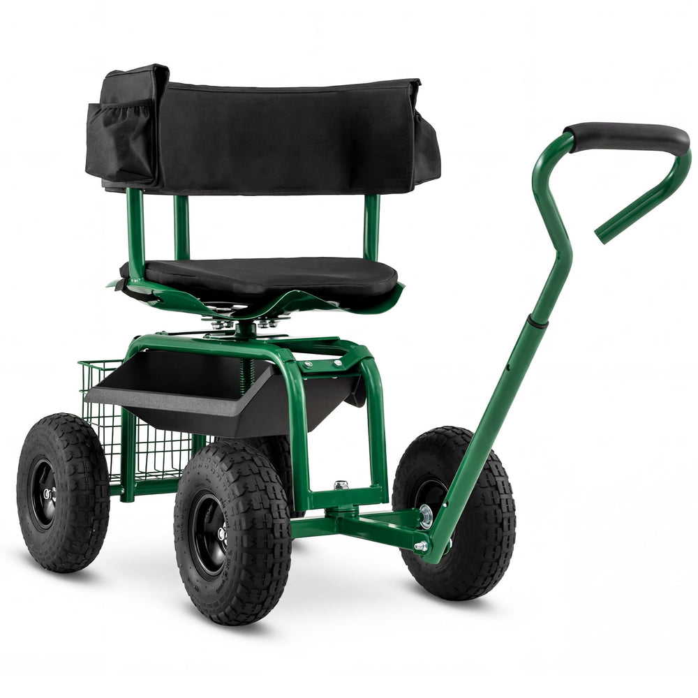 Rolling Garden Work Seat with Wheels Swivel Seat and Extendable Handle-Green
