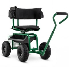 Rolling Garden Work Seat with Wheels Swivel Seat and Extendable Handle-Green
