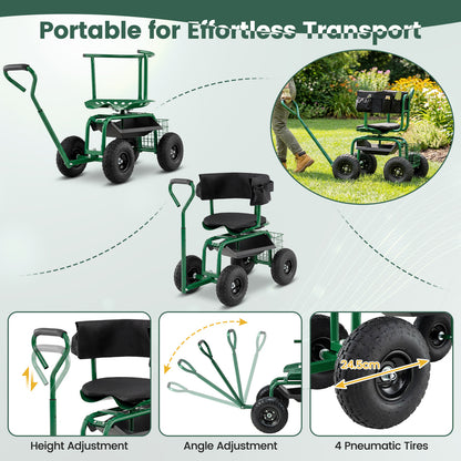 Rolling Garden Work Seat with Wheels Swivel Seat and Extendable Handle-Green