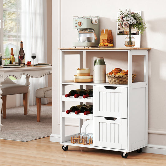 Rolling Kitchen Island Cart Solid Rubber Wood Top Serving Trolley with 2-Tier Wine Rack-White
