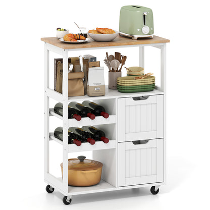 Rolling Kitchen Island Cart Solid Rubber Wood Top Serving Trolley with 2-Tier Wine Rack-White