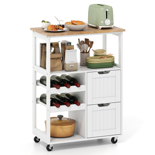 Rolling Kitchen Island Cart Solid Rubber Wood Top Serving Trolley with 2-Tier Wine Rack-White