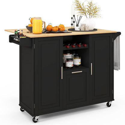 Rolling Kitchen Island Cart with Drop-Leaf Countertop-Black