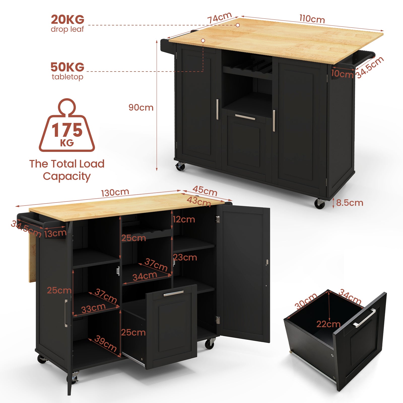 Rolling Kitchen Island Cart with Drop-Leaf Countertop-Black