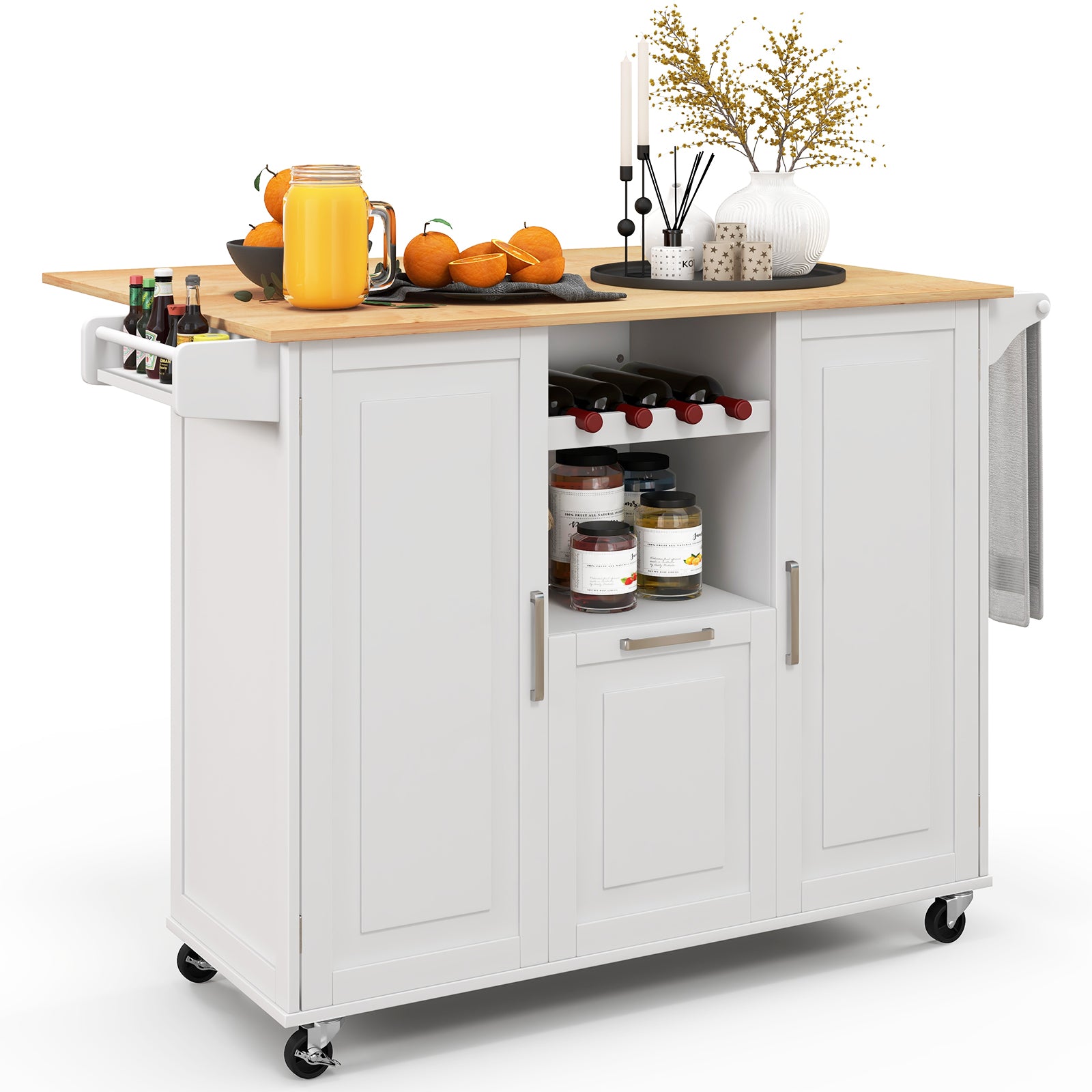Rolling Kitchen Island Cart with Drop-Leaf Countertop-White