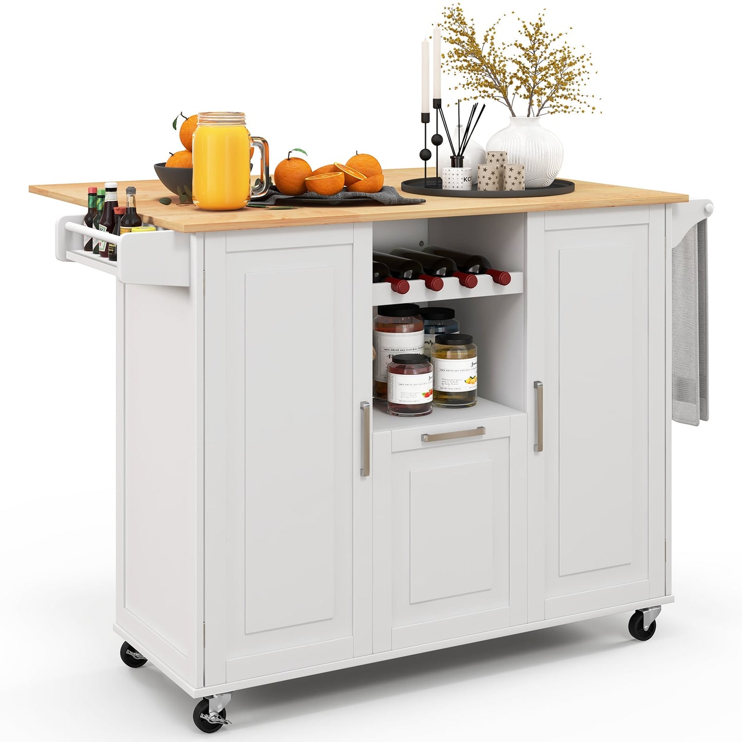 Rolling Kitchen Island Cart with Drop-Leaf Countertop-White