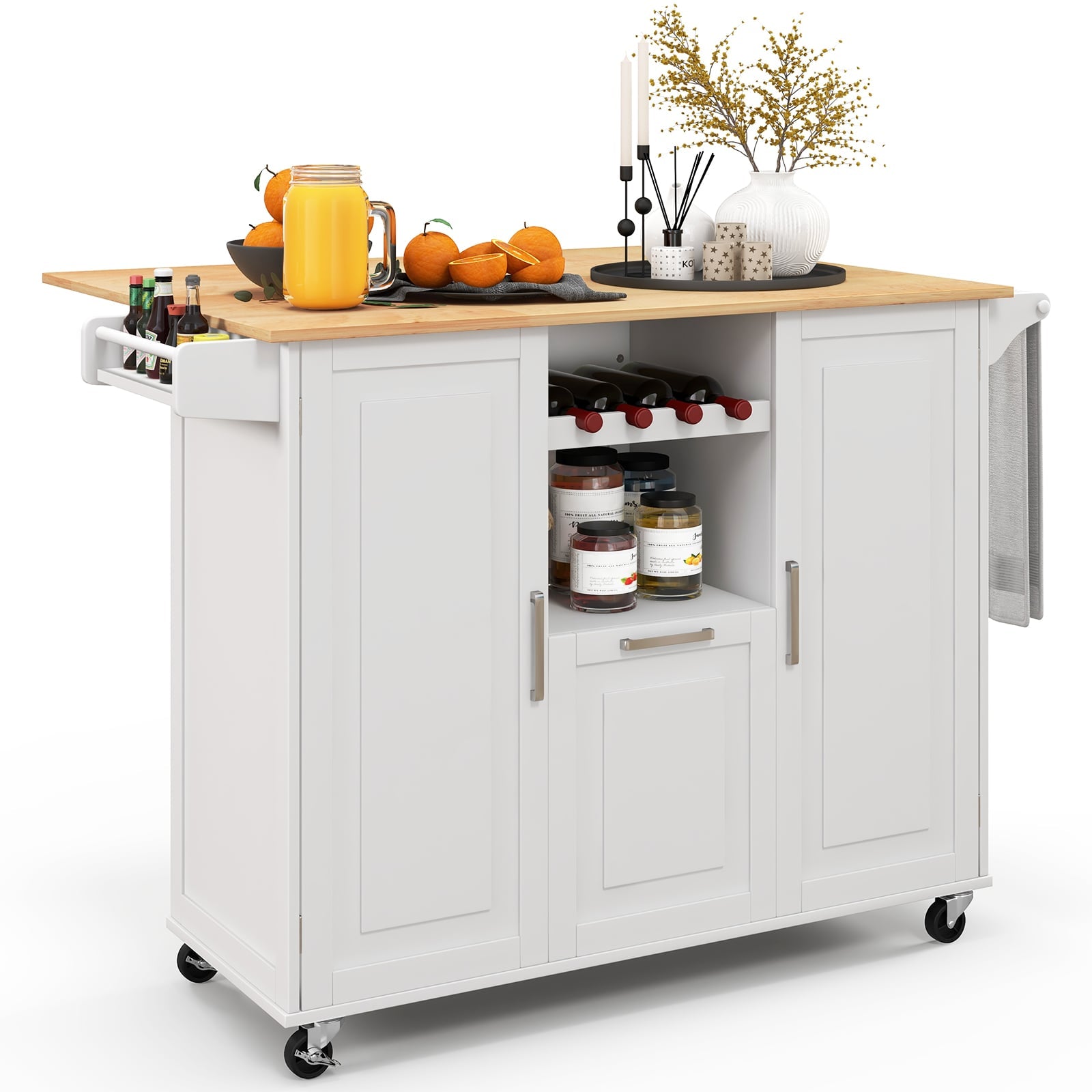 Rolling Kitchen Island Cart with Drop-Leaf Countertop-White