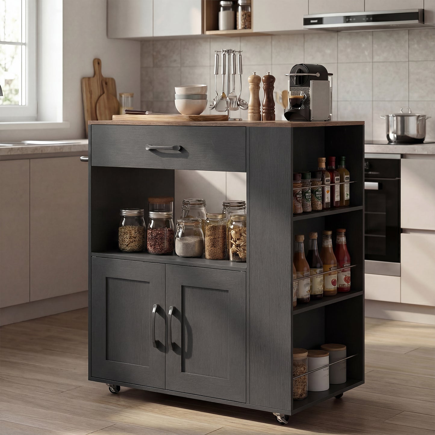 Rolling Kitchen Island with Built-in Charging Station and Lockable Wheels-Black