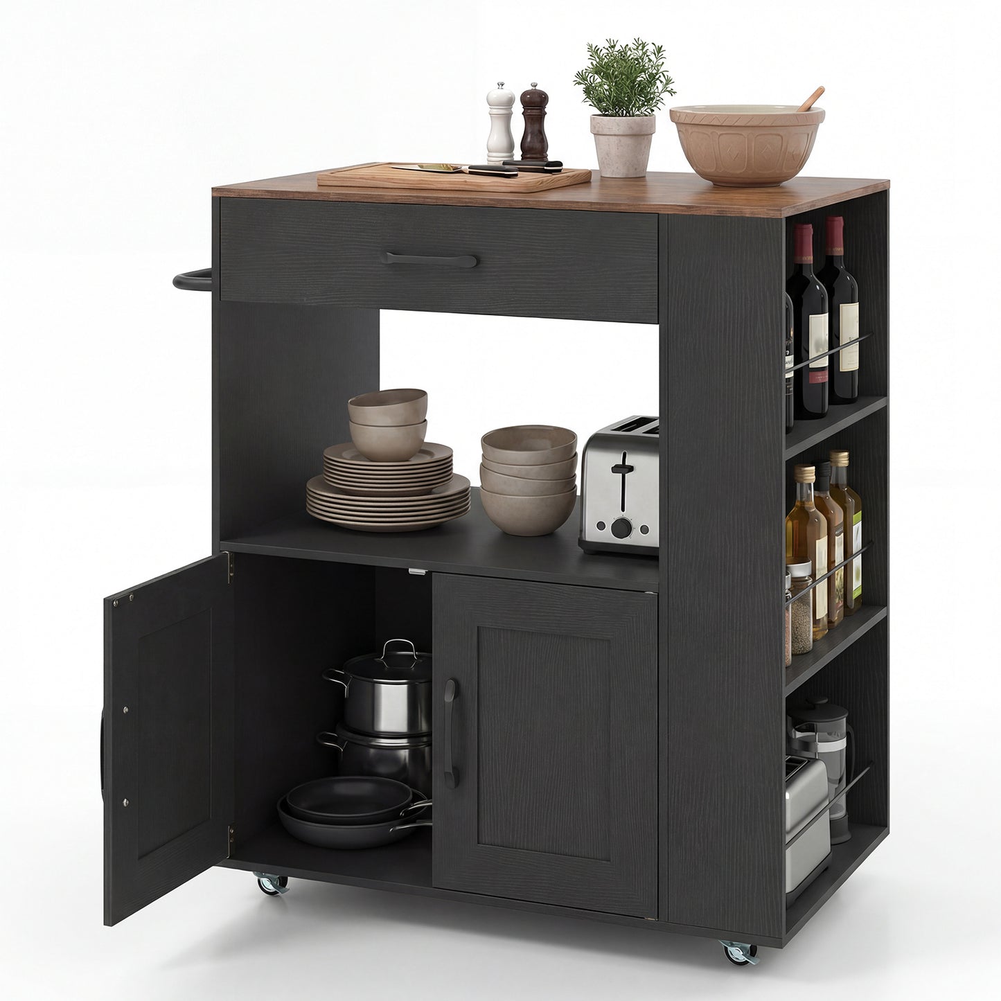 Rolling Kitchen Island with Built-in Charging Station and Lockable Wheels-Black