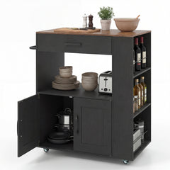 Rolling Kitchen Island with Built-in Charging Station and Lockable Wheels-Black