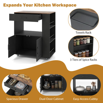 Rolling Kitchen Island with Built-in Charging Station and Lockable Wheels-Black