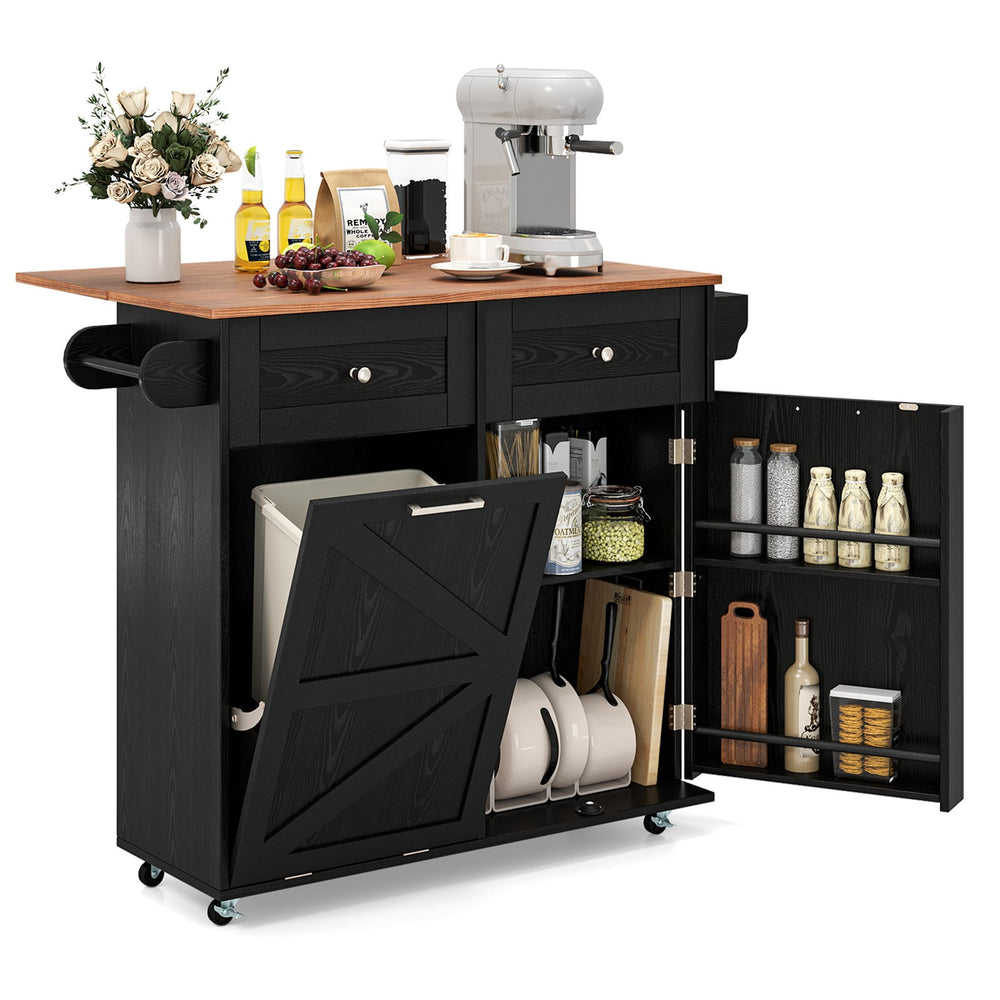 Rolling Kitchen Island with Drop Leaf Kitchen Cart with Tilt Out Trash Can Cabinet-Black