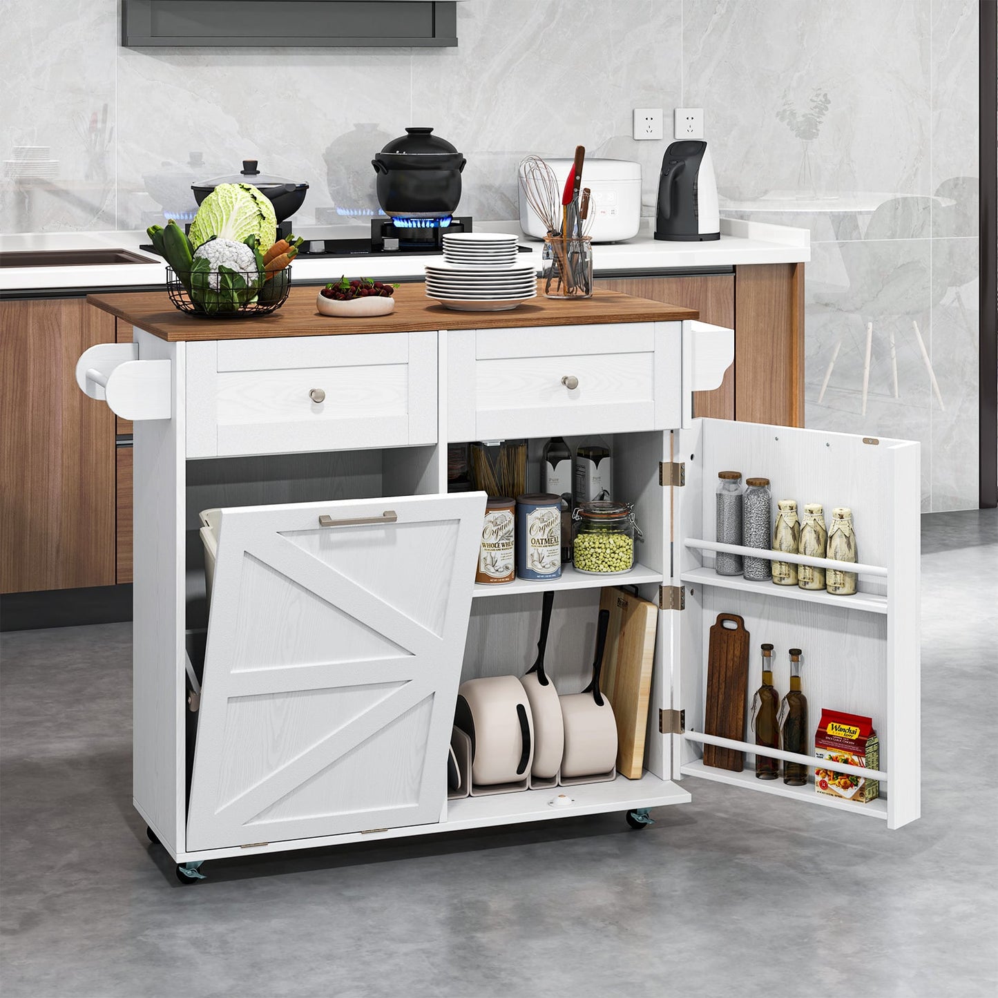 Rolling Kitchen Island with Drop Leaf Kitchen Cart with Tilt Out Trash Can Cabinet-White