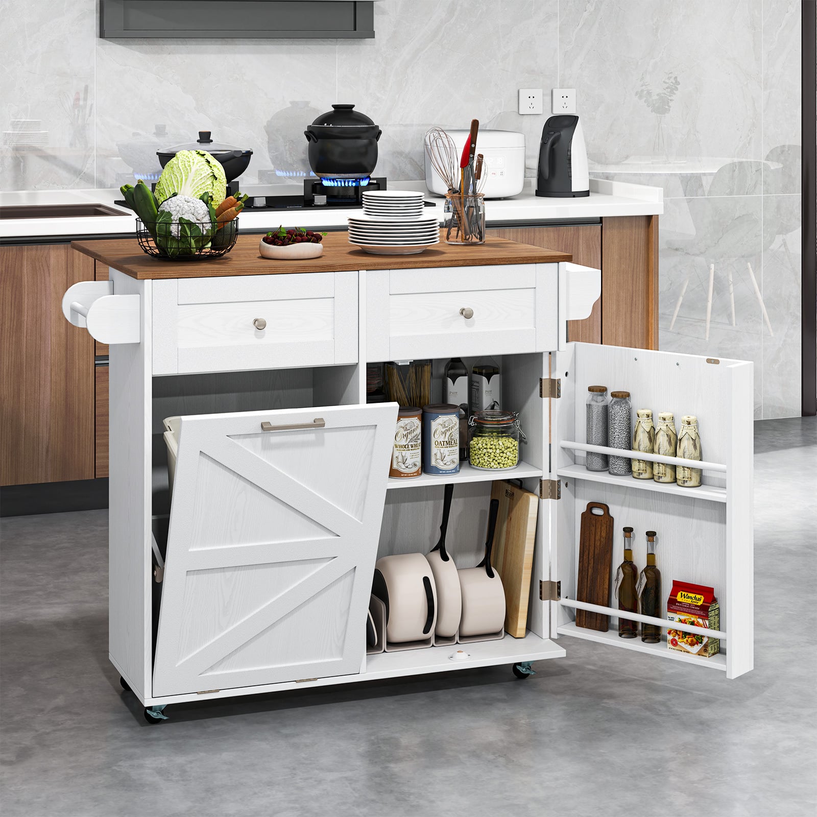 Rolling Kitchen Island with Drop Leaf Kitchen Cart with Tilt Out Trash Can Cabinet-White