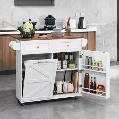 Rolling Kitchen Island with Drop Leaf Kitchen Cart with Tilt Out Trash Can Cabinet-White
