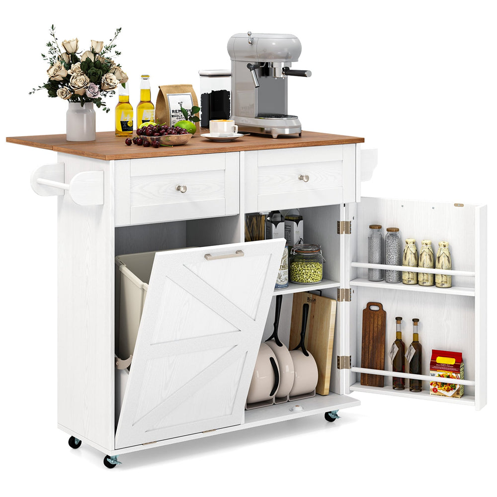 Rolling Kitchen Island with Drop Leaf Kitchen Cart with Tilt Out Trash Can Cabinet-White