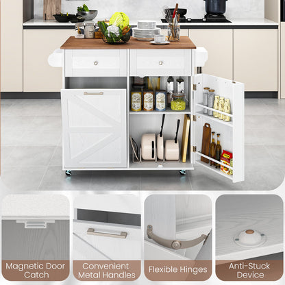 Rolling Kitchen Island with Drop Leaf Kitchen Cart with Tilt Out Trash Can Cabinet-White