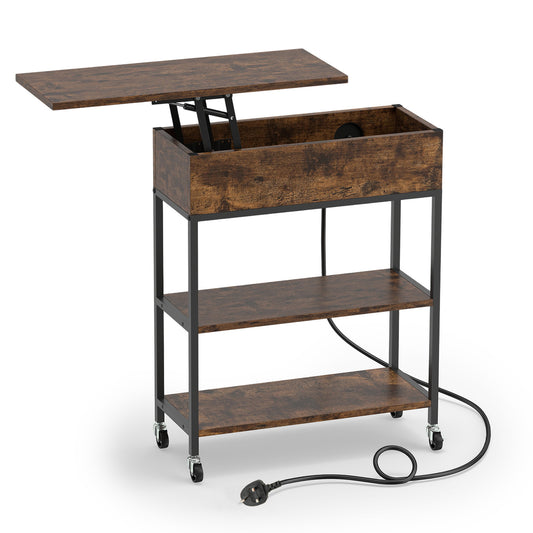 Rolling Lift Top End Table with Charging Station & Hidden Compartment for Living Room-Rustic Brown