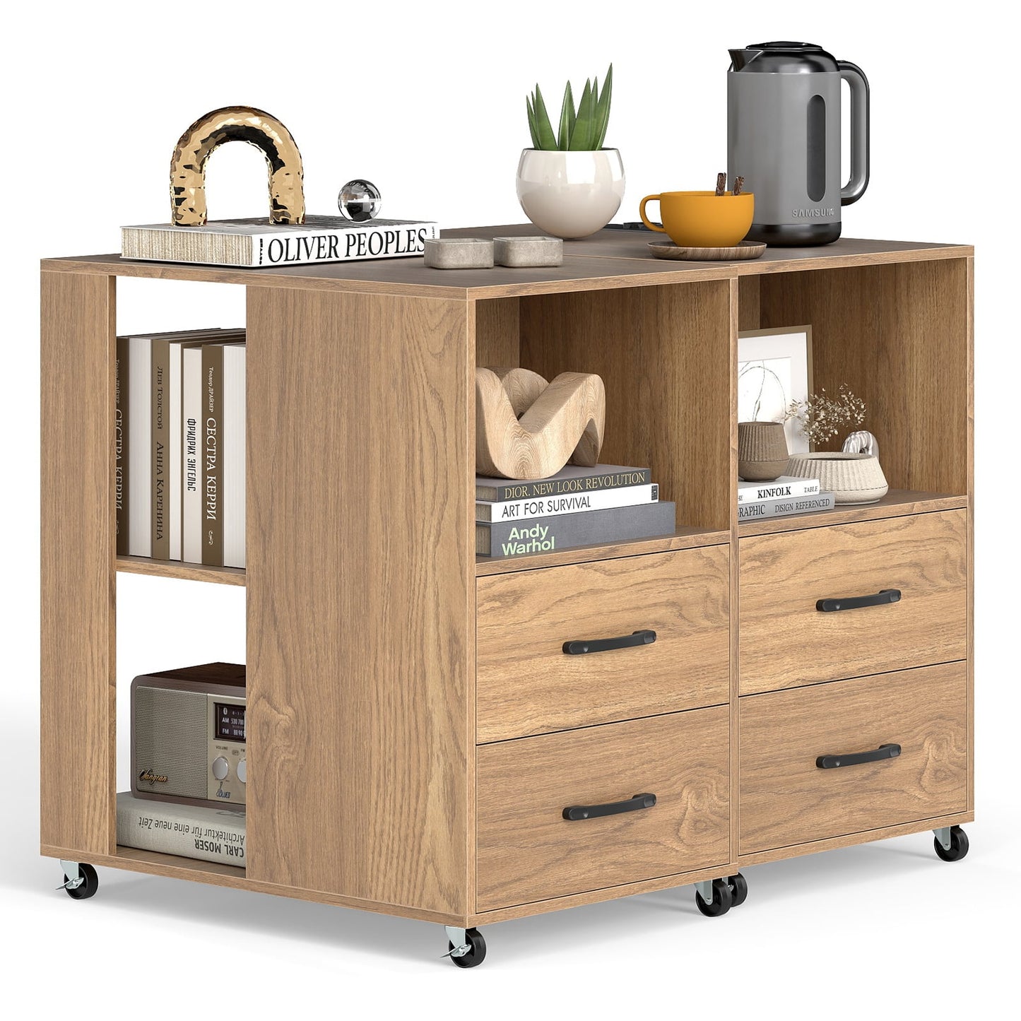 Rolling Nightstand with Storage Drawers and Shelves for Bedroom Set of 2-Natural