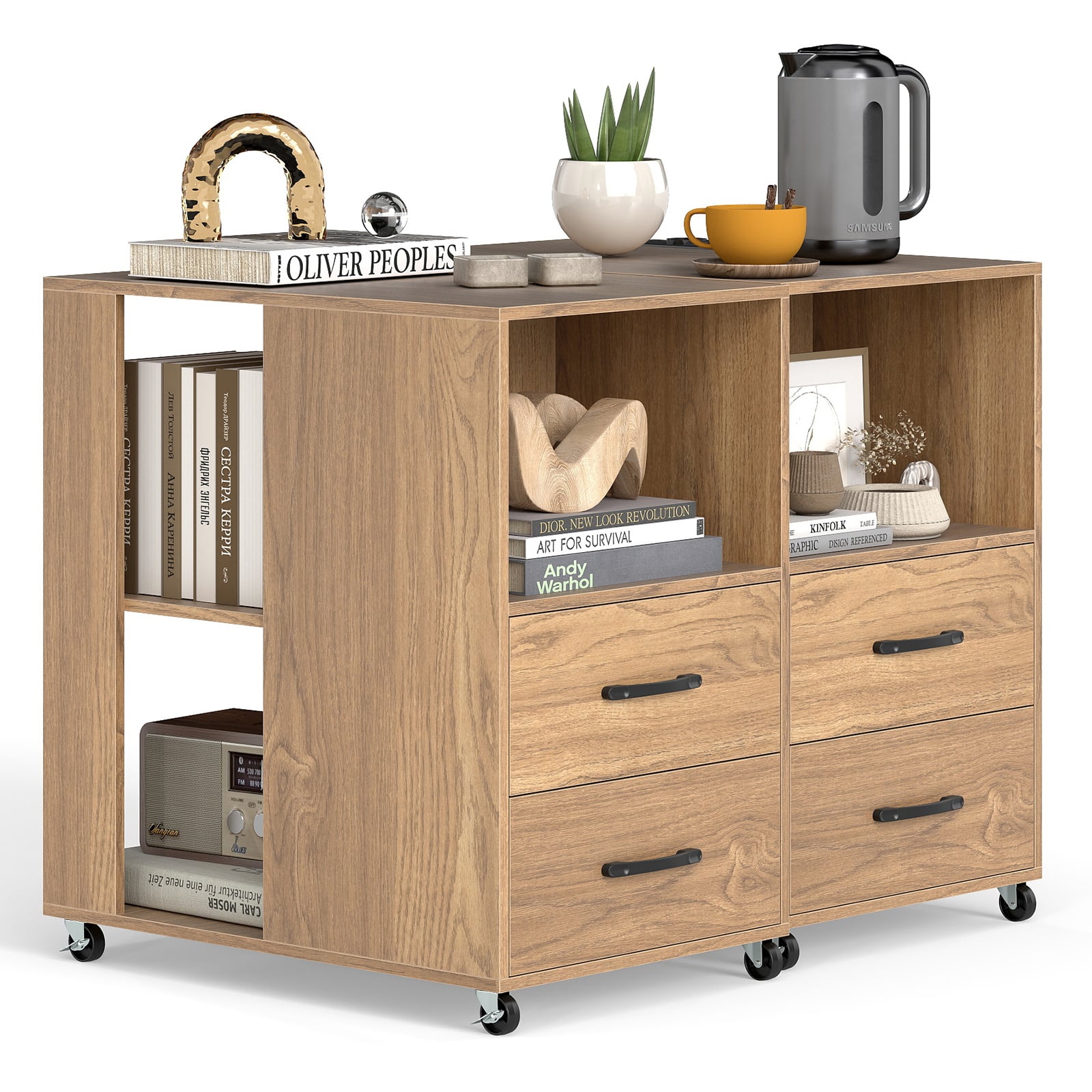 Rolling Nightstand with Storage Drawers and Shelves for Bedroom Set of 2-Natural