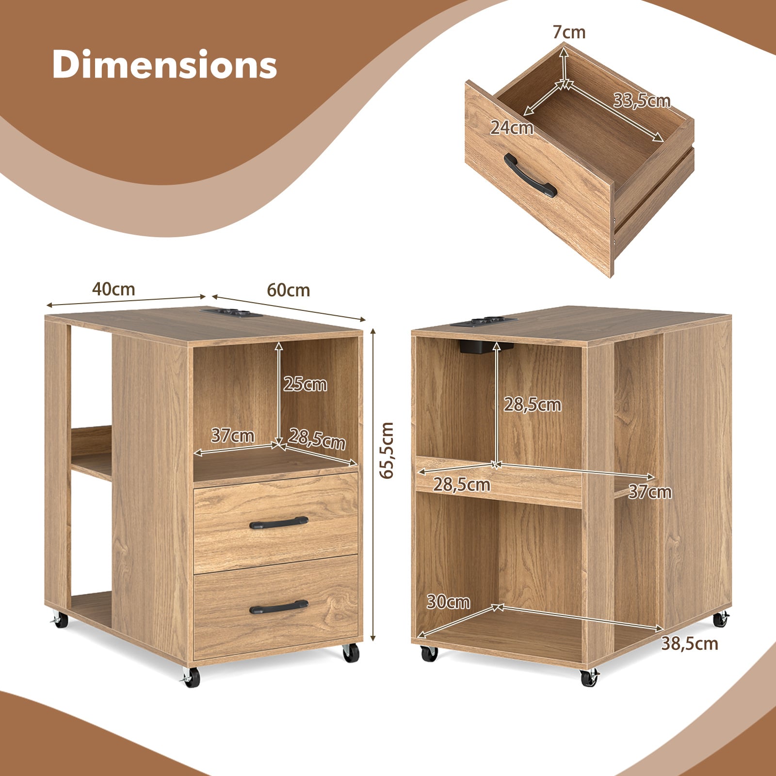 Rolling Nightstand with Storage Drawers and Shelves for Bedroom Set of 2-Natural
