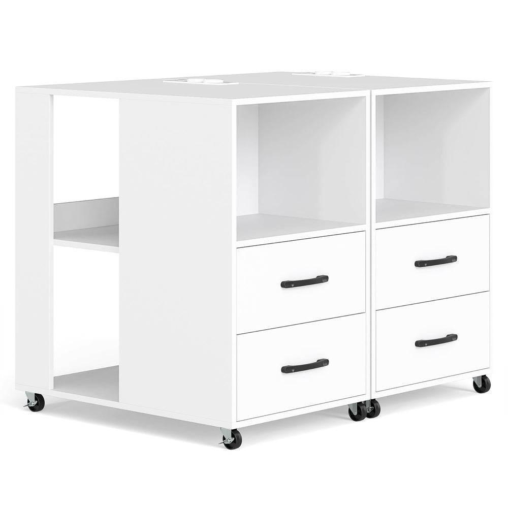 Rolling Nightstand with Storage Drawers and Shelves for Bedroom Set of 2-White