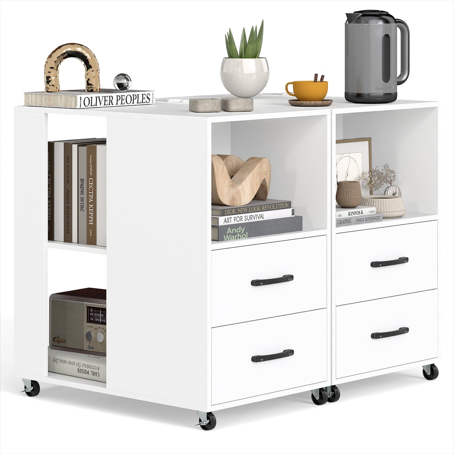 Rolling Nightstand with Storage Drawers and Shelves for Bedroom Set of 2-White