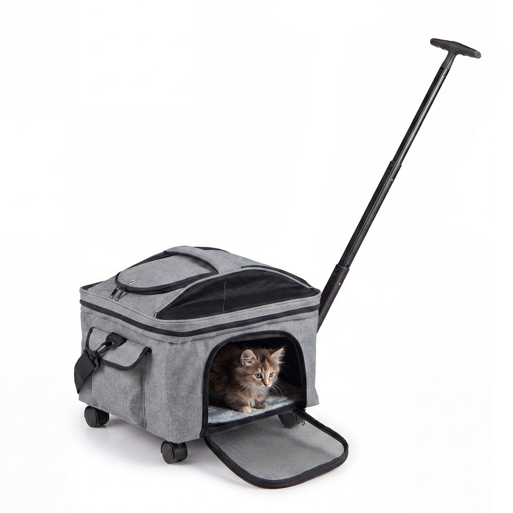 Rolling Pet Carrier with Telescopic Handle and Washable Pad Foldable