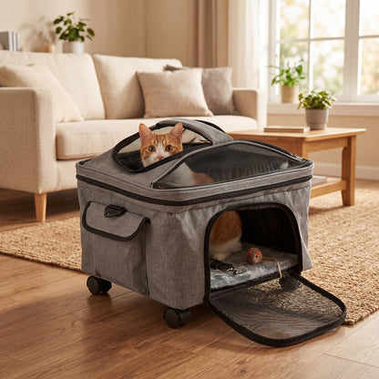 Rolling Pet Carrier with Telescopic Handle and Washable Pad Foldable