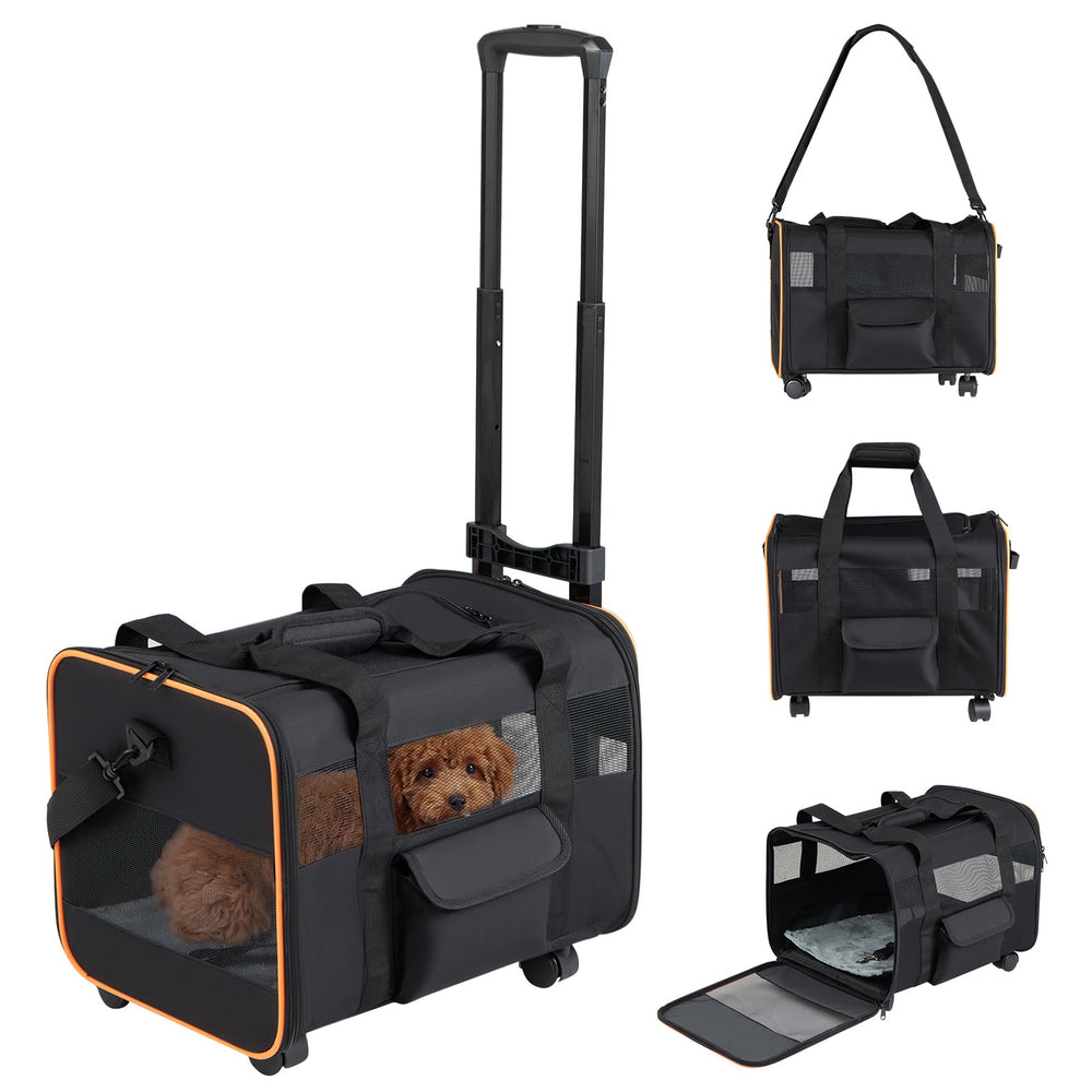 Rolling Pet Carrier with Telescopic Handle and Washable Pad for Dogs and Cats