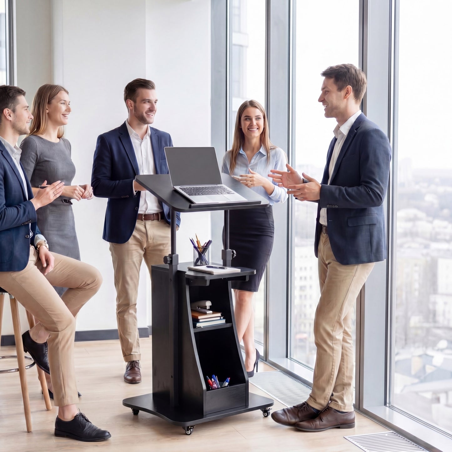 Rolling Podium Stand with Tilting Tabletop and Storage Shelves for Office-Black