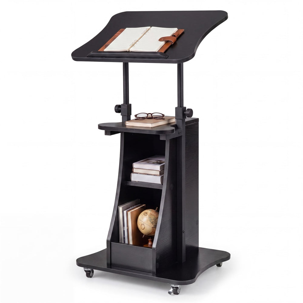 Rolling Podium Stand with Tilting Tabletop and Storage Shelves for Office-Black
