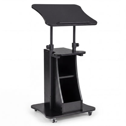 Rolling Podium Stand with Tilting Tabletop and Storage Shelves for Office-Black