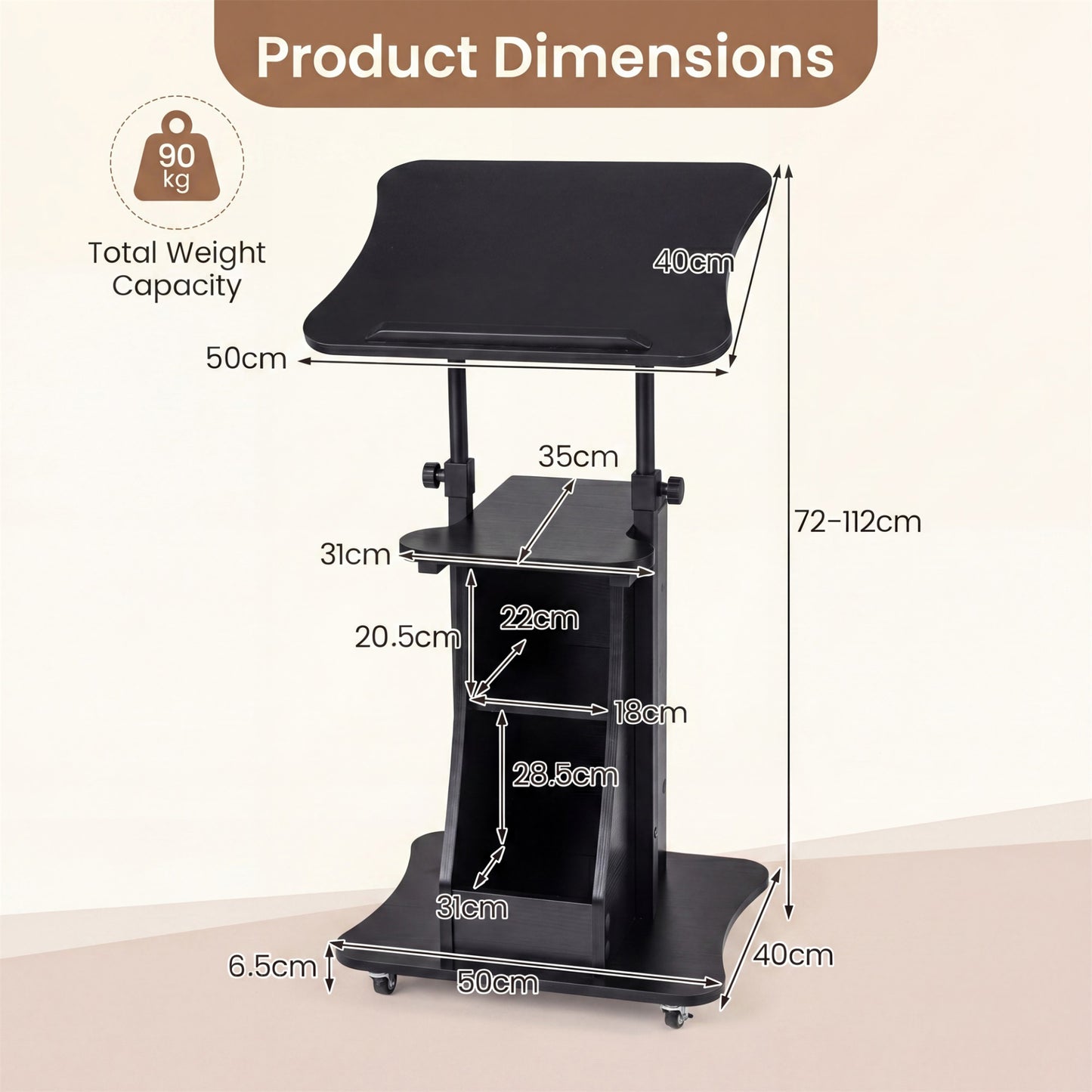 Rolling Podium Stand with Tilting Tabletop and Storage Shelves for Office-Black