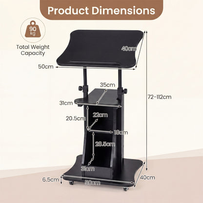 Rolling Podium Stand with Tilting Tabletop and Storage Shelves for Office-Black