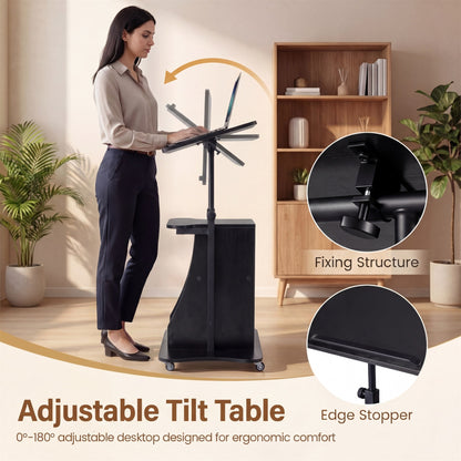 Rolling Podium Stand with Tilting Tabletop and Storage Shelves for Office-Black
