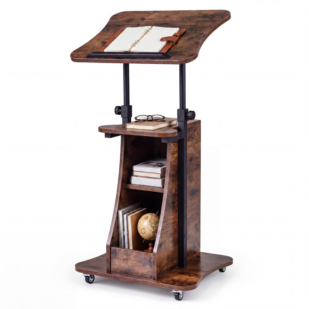 Rolling Podium Stand with Tilting Tabletop and Storage Shelves for Office-Rustic Brown