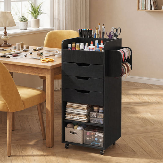 Rolling Storage Cart with 3 Drawers & 2 Shelves and Dowel Rods for Kitchen-Black