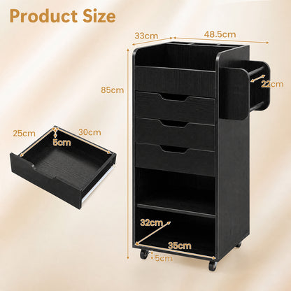 Rolling Storage Cart with 3 Drawers & 2 Shelves and Dowel Rods for Kitchen-Black