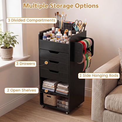 Rolling Storage Cart with 3 Drawers & 2 Shelves and Dowel Rods for Kitchen-Black