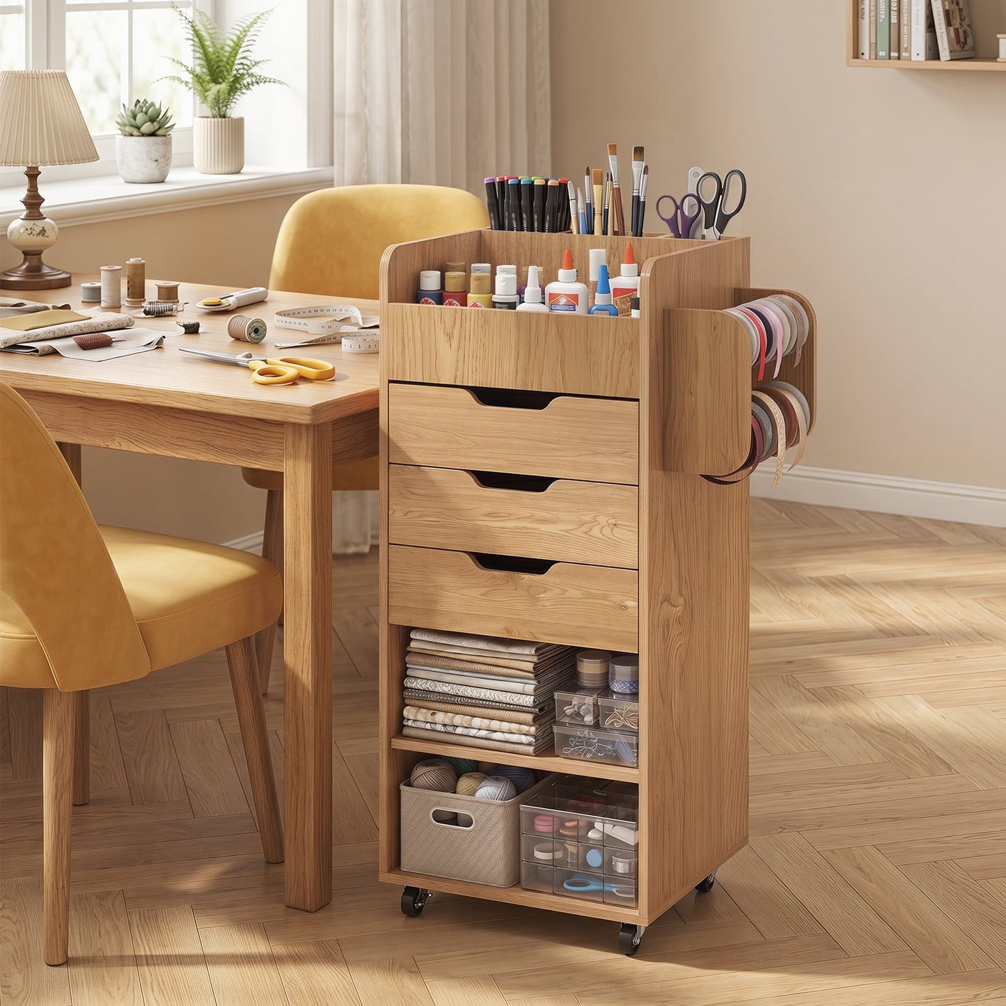 Rolling Storage Cart with 3 Drawers & 2 Shelves and Dowel Rods for Kitchen-Natural