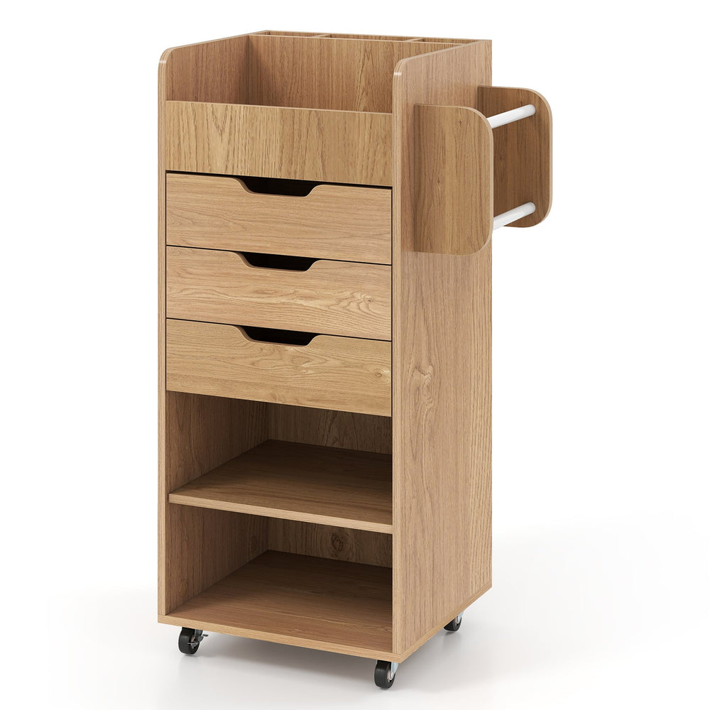 Rolling Storage Cart with 3 Drawers & 2 Shelves and Dowel Rods for Kitchen-Natural